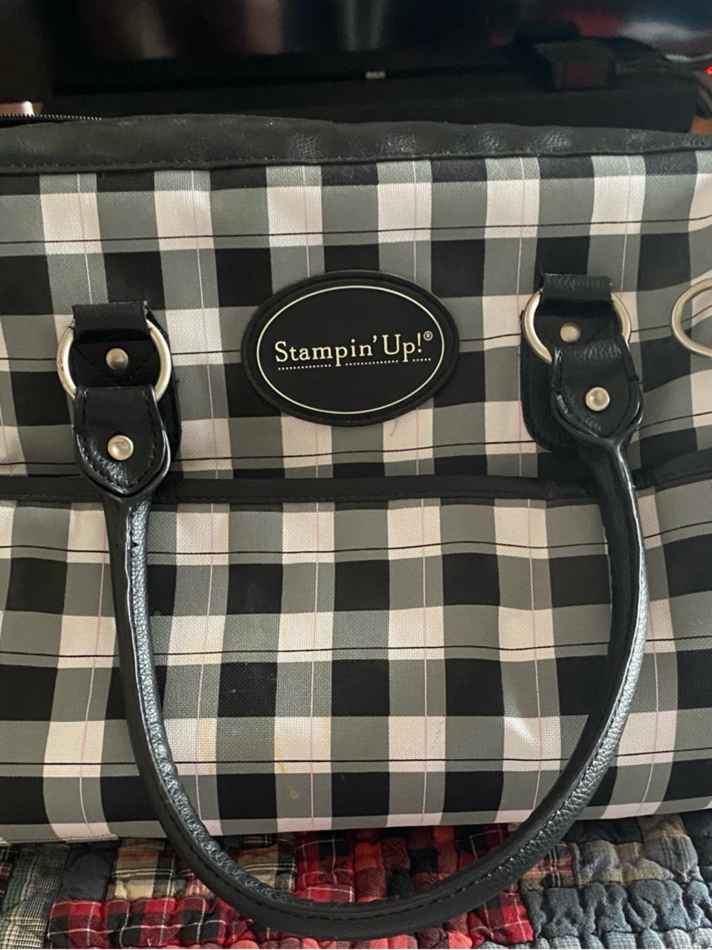 Stampin' Up! Black and White Plaid Tote with Leather Handles